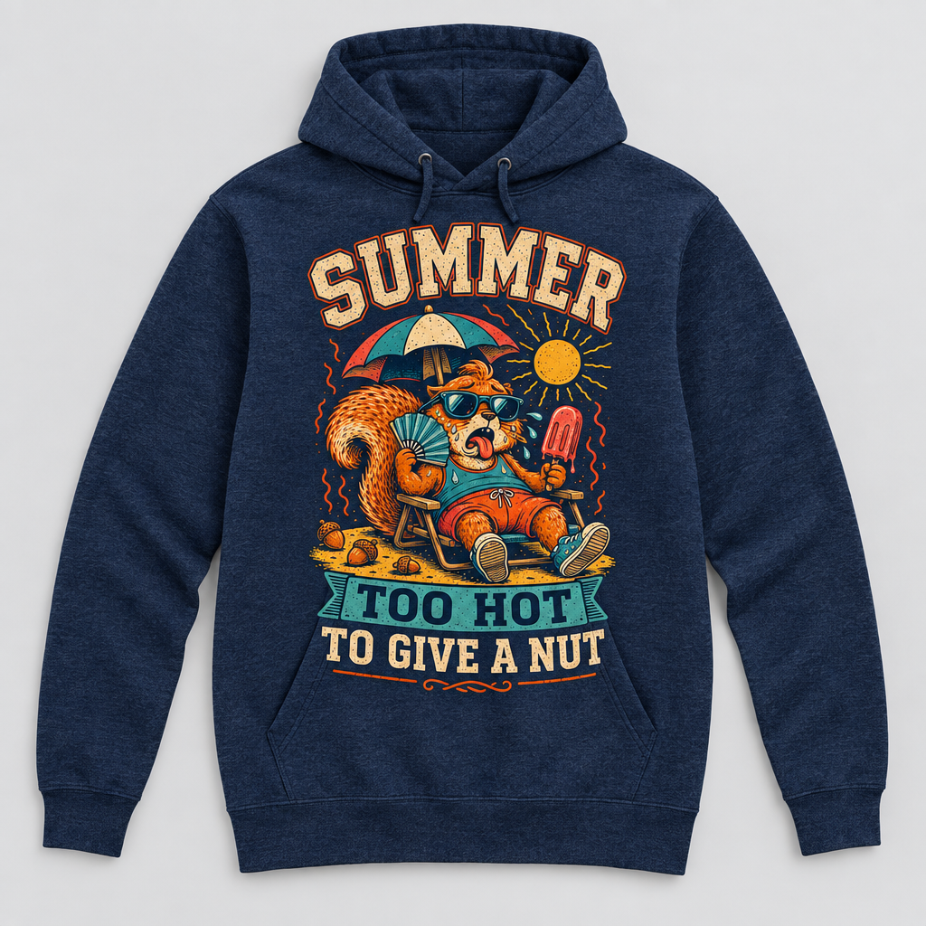 Navy pullover hoodie with summer squirrel graphic reading Too Hot To Give A Nut
