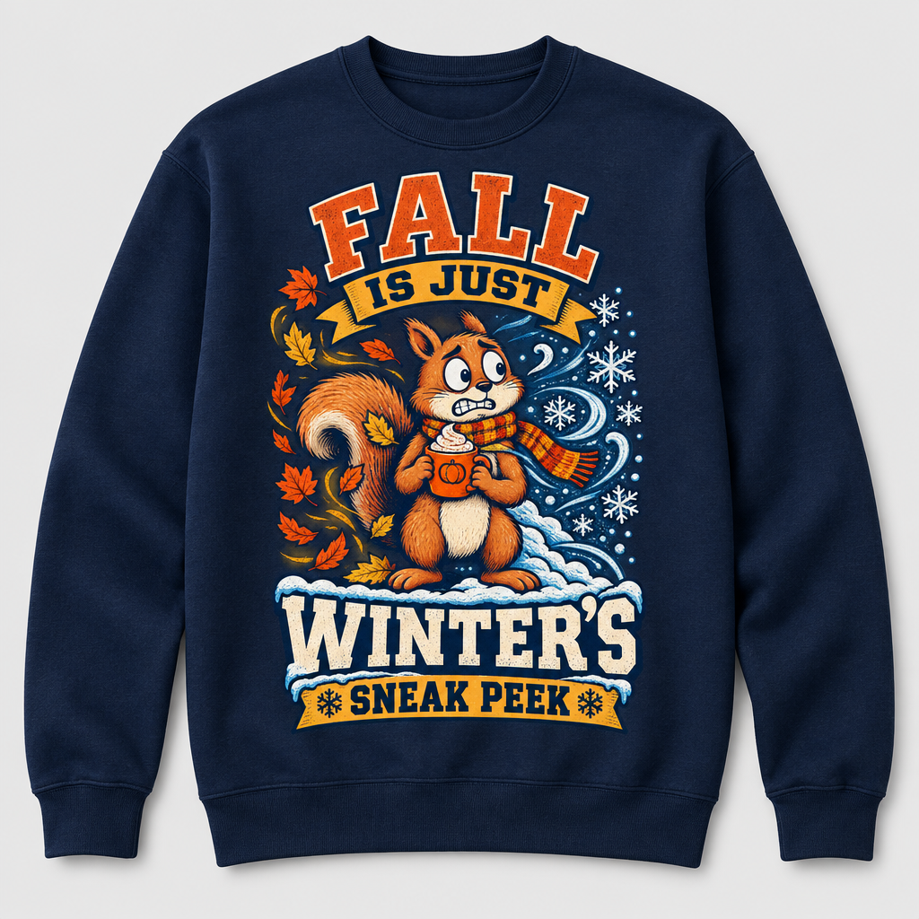 Navy crewneck sweatshirt with Fall Is Just Winter's Sneak Peek squirrel graphic
