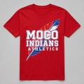 Red MOCO Indians Athletics T-shirt with red, white, and blue feather artwork