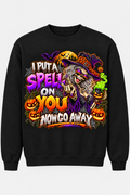 Black crewneck sweatshirt mockup with the I Put a Spell on You, Now Go Away Halloween graphic, front view