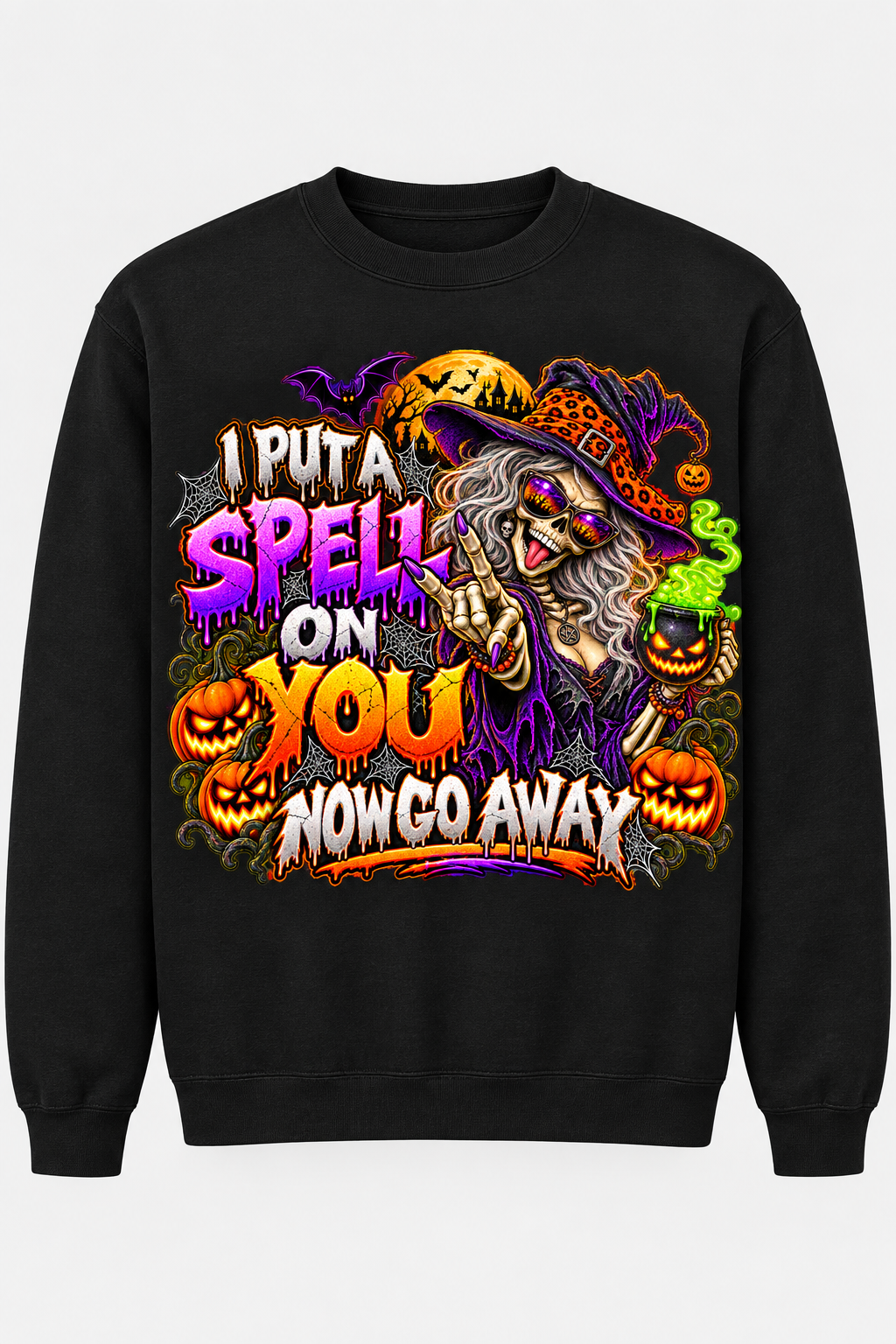 Black crewneck sweatshirt mockup with the I Put a Spell on You, Now Go Away Halloween graphic, front view