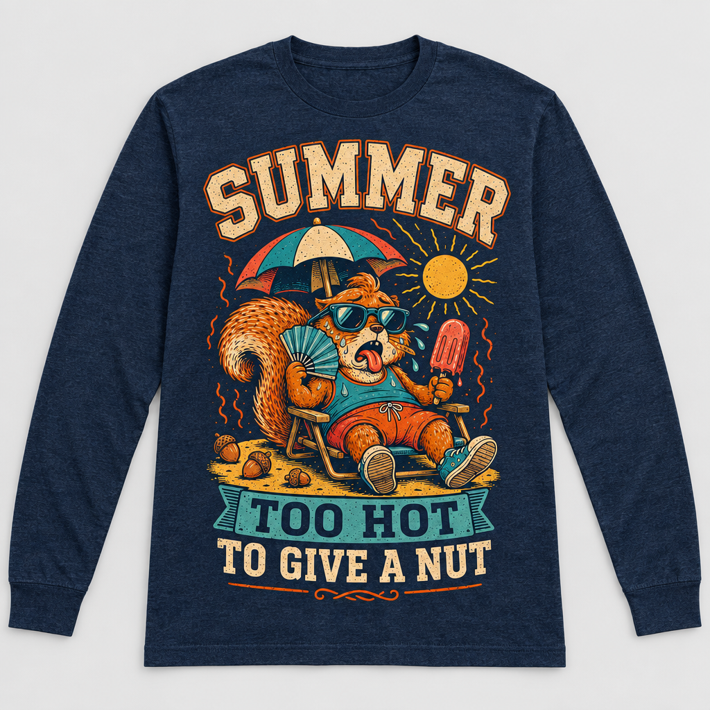 Navy long sleeve shirt with summer squirrel graphic reading Too Hot To Give A Nut