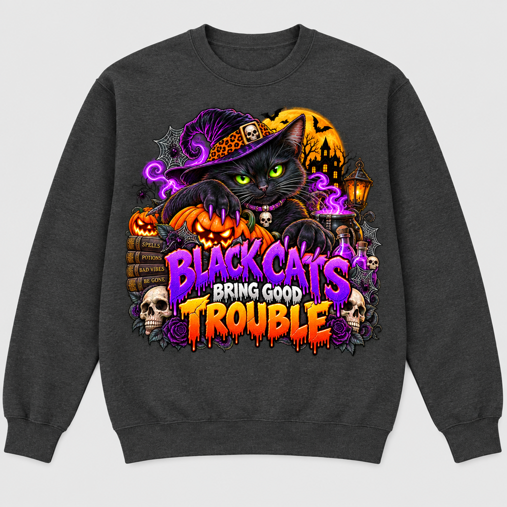 Charcoal crewneck sweatshirt with Black Cats Bring Good Trouble front graphic