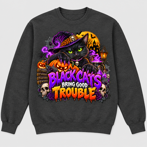 Charcoal crewneck sweatshirt with Black Cats Bring Good Trouble front graphic