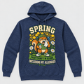Navy pullover hoodie with spring squirrel allergy graphic reading Spring Everything's In Bloom Including My Allergies
