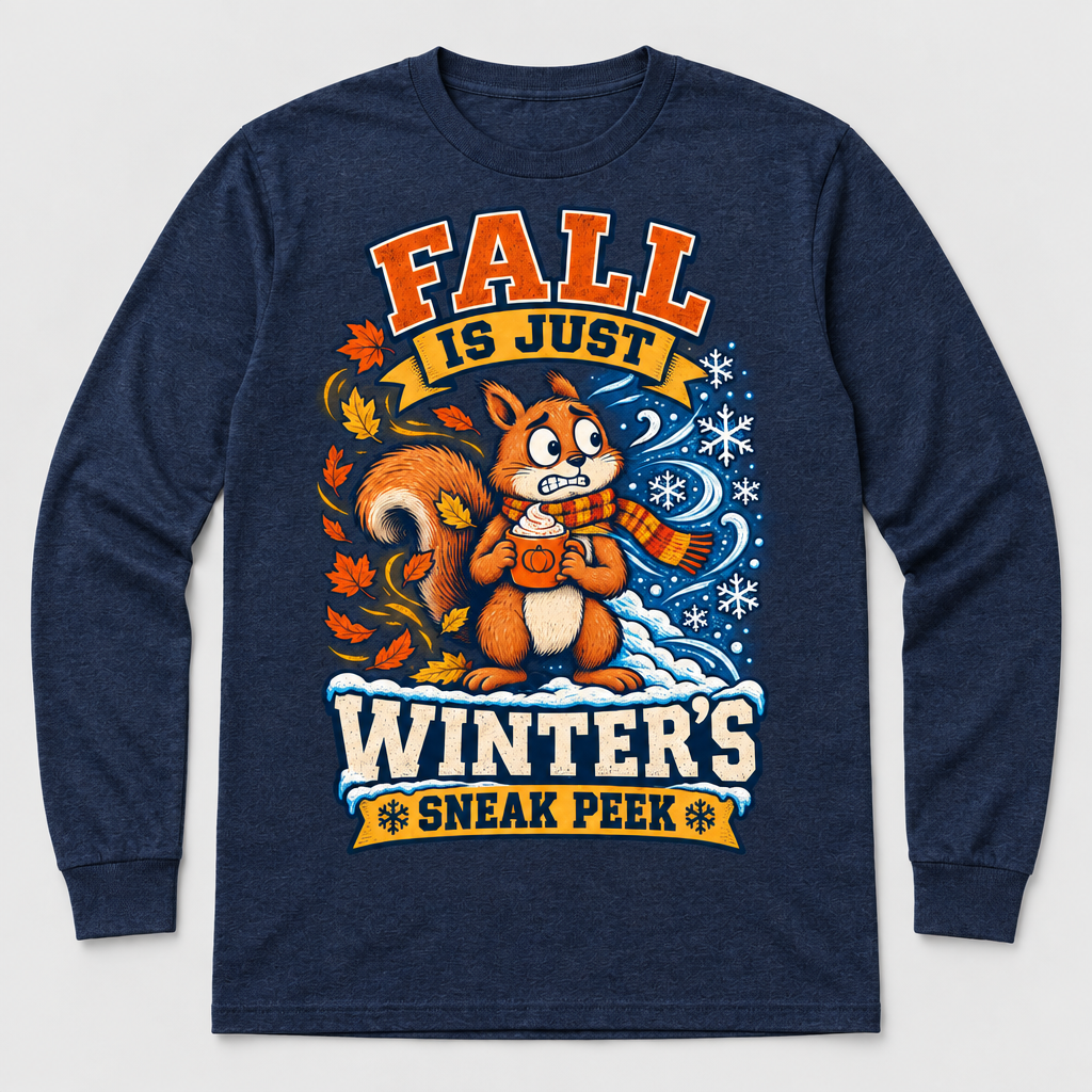 Navy long sleeve shirt with fall squirrel graphic reading Fall Is Just Winter's Sneak Peek