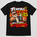 Black t-shirt with graphic reading Terrible Fifties Right Now, Please Be Patient I'm Aging Badly