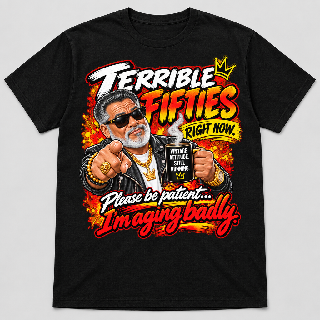 Black t-shirt with graphic reading Terrible Fifties Right Now, Please Be Patient I'm Aging Badly