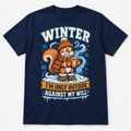 Navy t-shirt with winter squirrel graphic, I'm only outside against my will