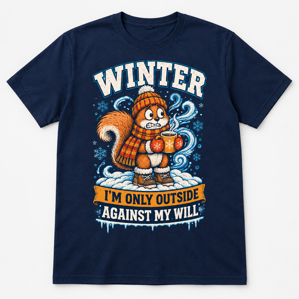 Navy t-shirt with winter squirrel graphic, I'm only outside against my will