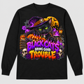 Black long-sleeve T-shirt with Black Cats Bring Good Trouble front graphic