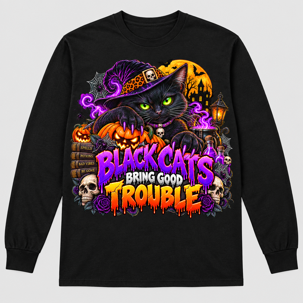 Black long-sleeve T-shirt with Black Cats Bring Good Trouble front graphic