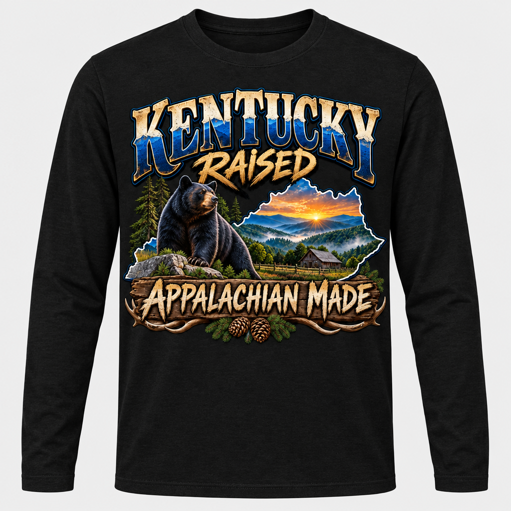 Kentucky Raised Appalachian Made black long-sleeve T-shirt mockup