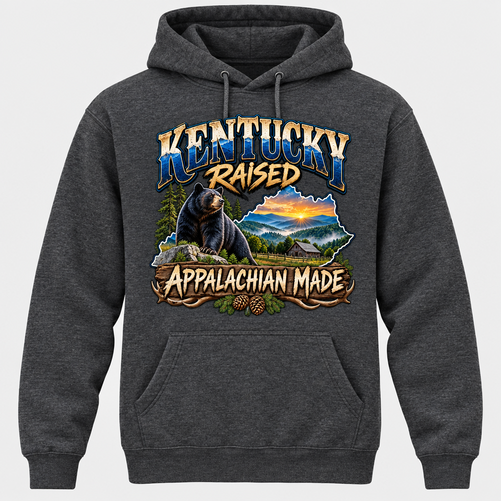 Kentucky Raised Appalachian Made charcoal heather hoodie mockup