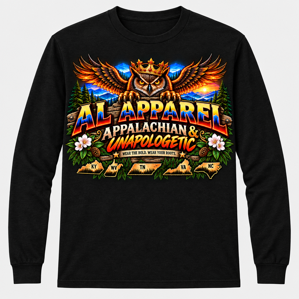 Appalachian & Unapologetic Owl Long Sleeve T-Shirt - Black