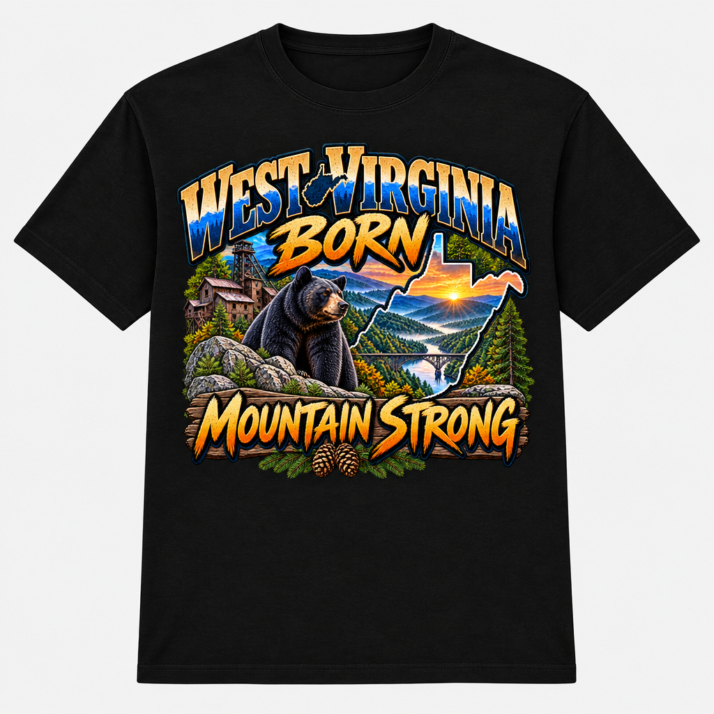 West Virginia Born Mountain Strong T-Shirt - Black