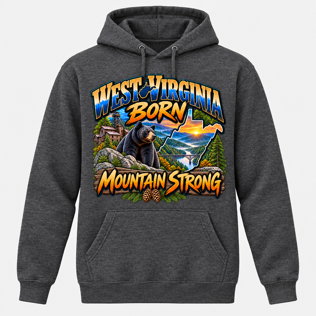 West Virginia Born Mountain Strong Hoodie - Charcoal Heather