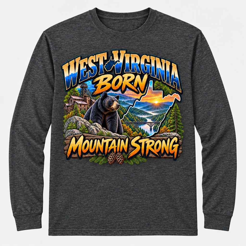 West Virginia Born Mountain Strong Long Sleeve T-Shirt - Charcoal Heather